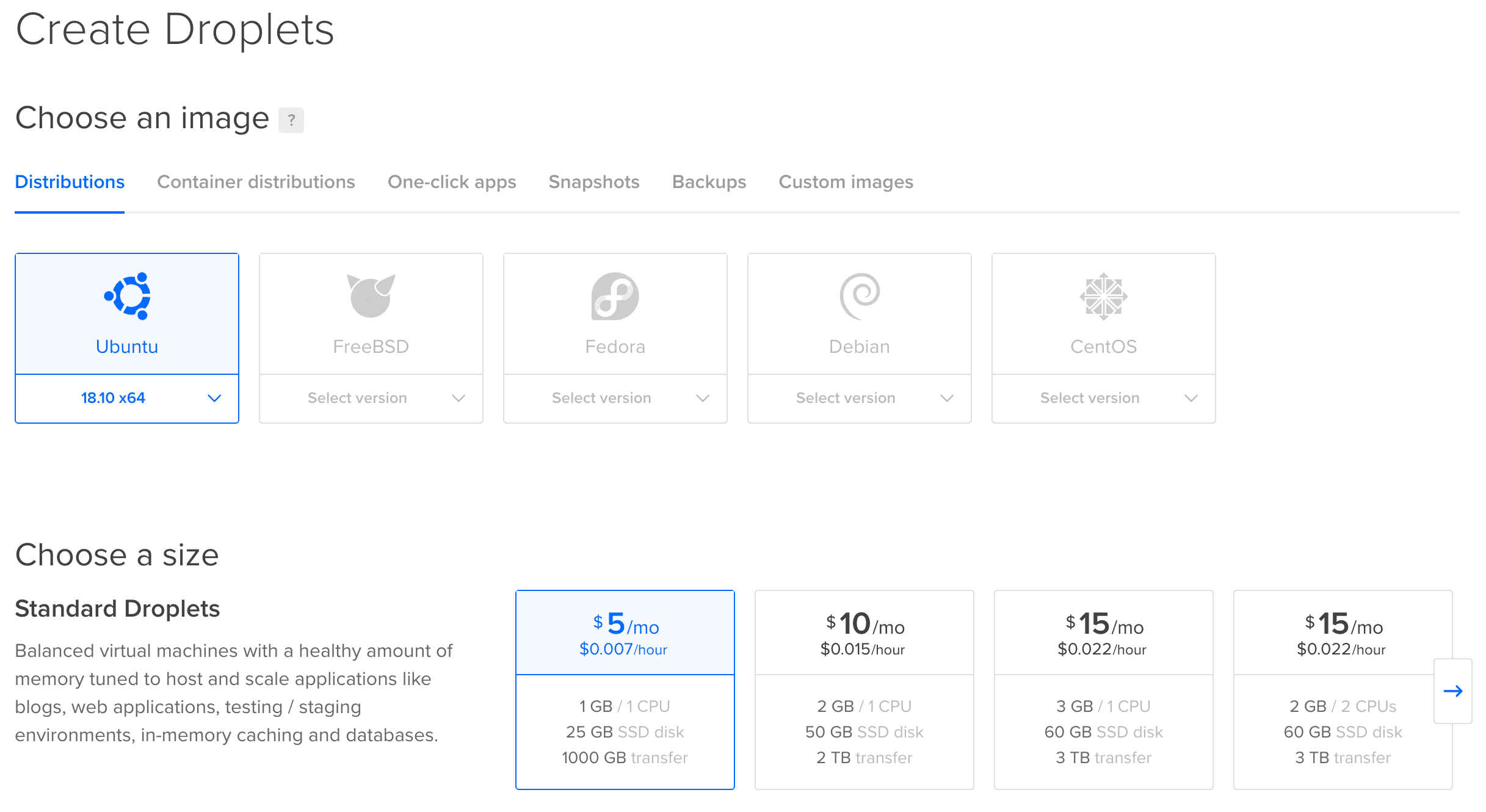 Digital Ocean interface to create a VPS